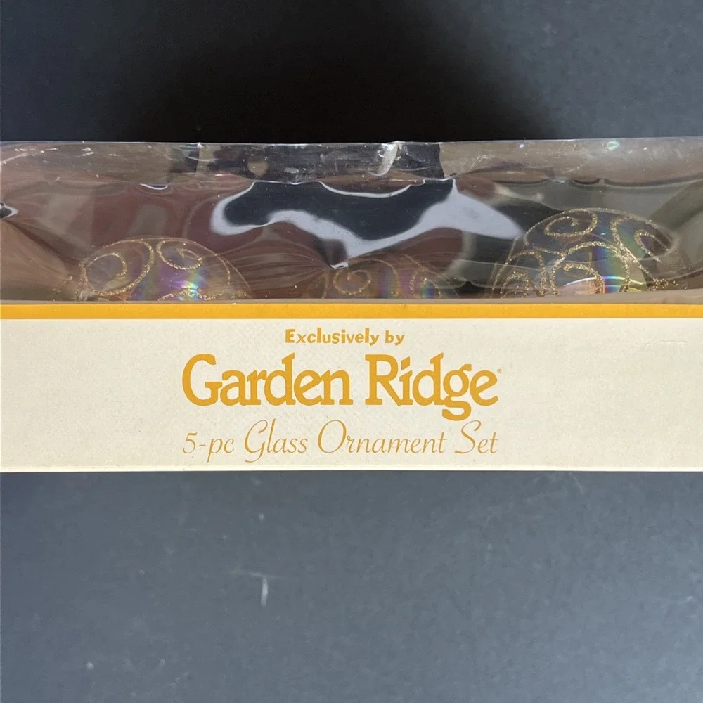 VTG Garden Ridge Glass Ball Gold Glitter Iridescent Stenciled Ornaments Set 5